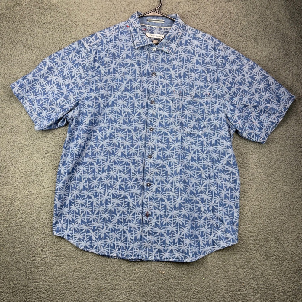 Tommy Bahama Mens XL Blue Palm Tree Print Cotton Short‎ Sleeve Button Down Shirt